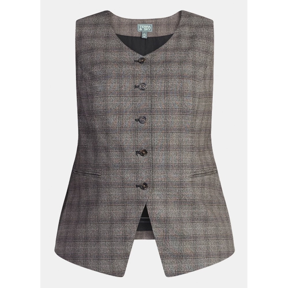 Terra & Sky Women's Plaid Button Front Vest Sleeveless Brown Gray  Size 0X - NWT